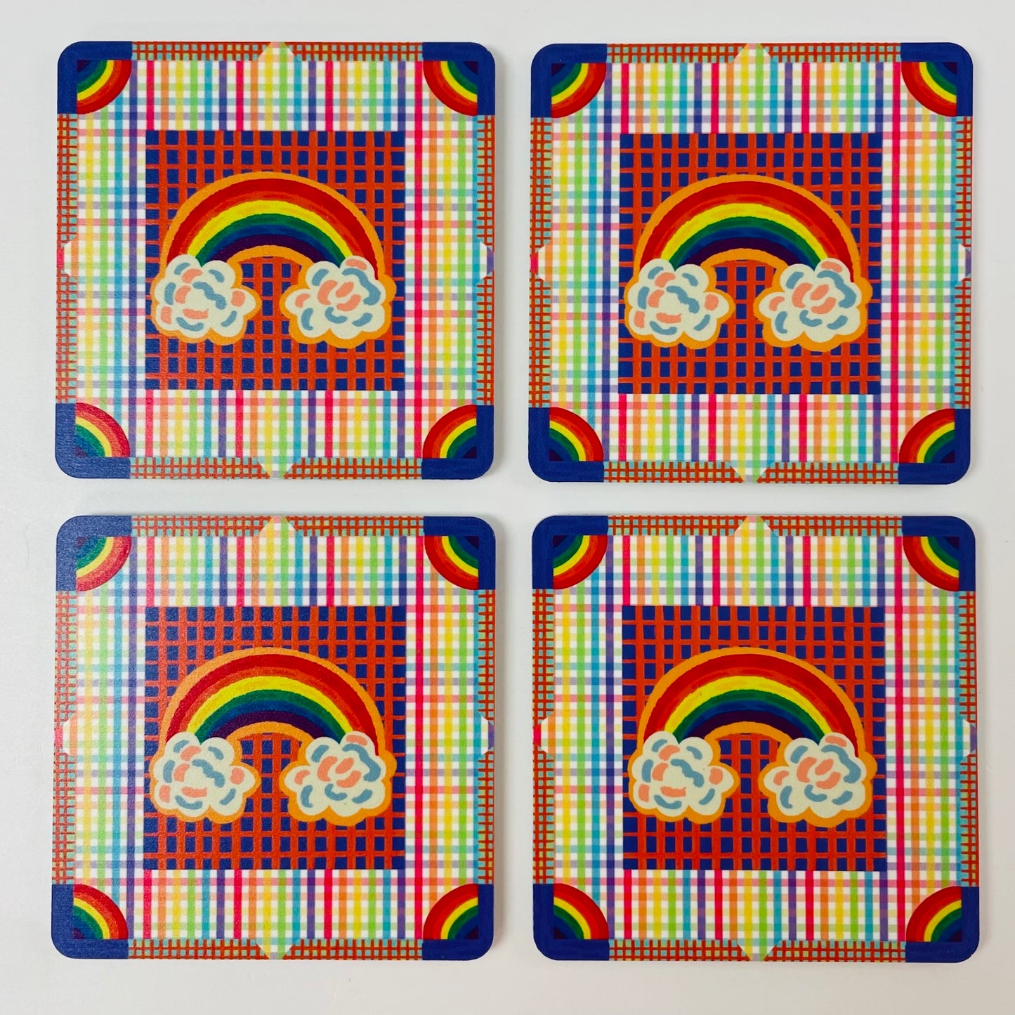 Coasters Set: Rainbow Plaid Party